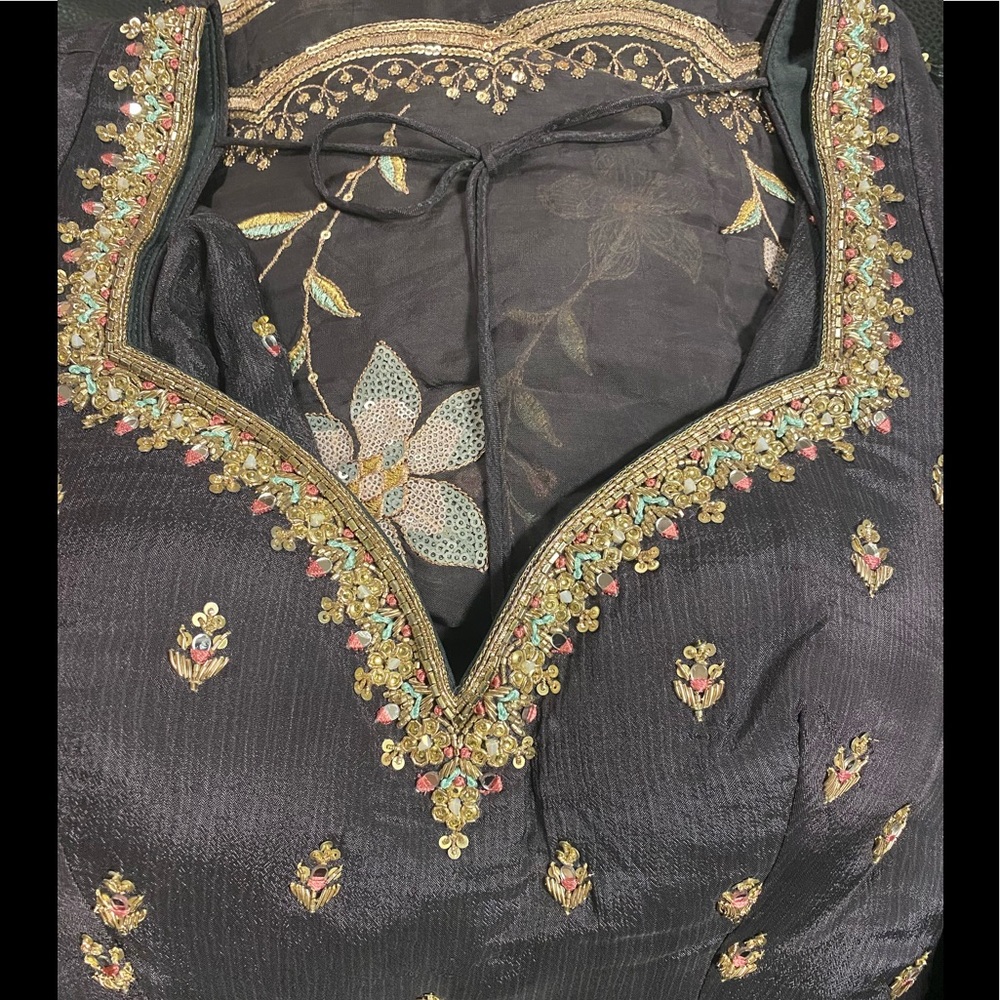 Grey Anarkali Suit In Chinon With Queen Style Embroidered Bodice In Zardosi Work - Picture 5 of 8